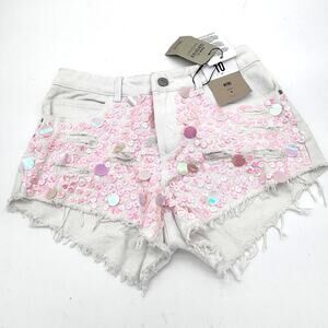 NWT Denim Co. Mini Shorts Women's Sz 6 White Iridescent Pink Distressed Raw Hem